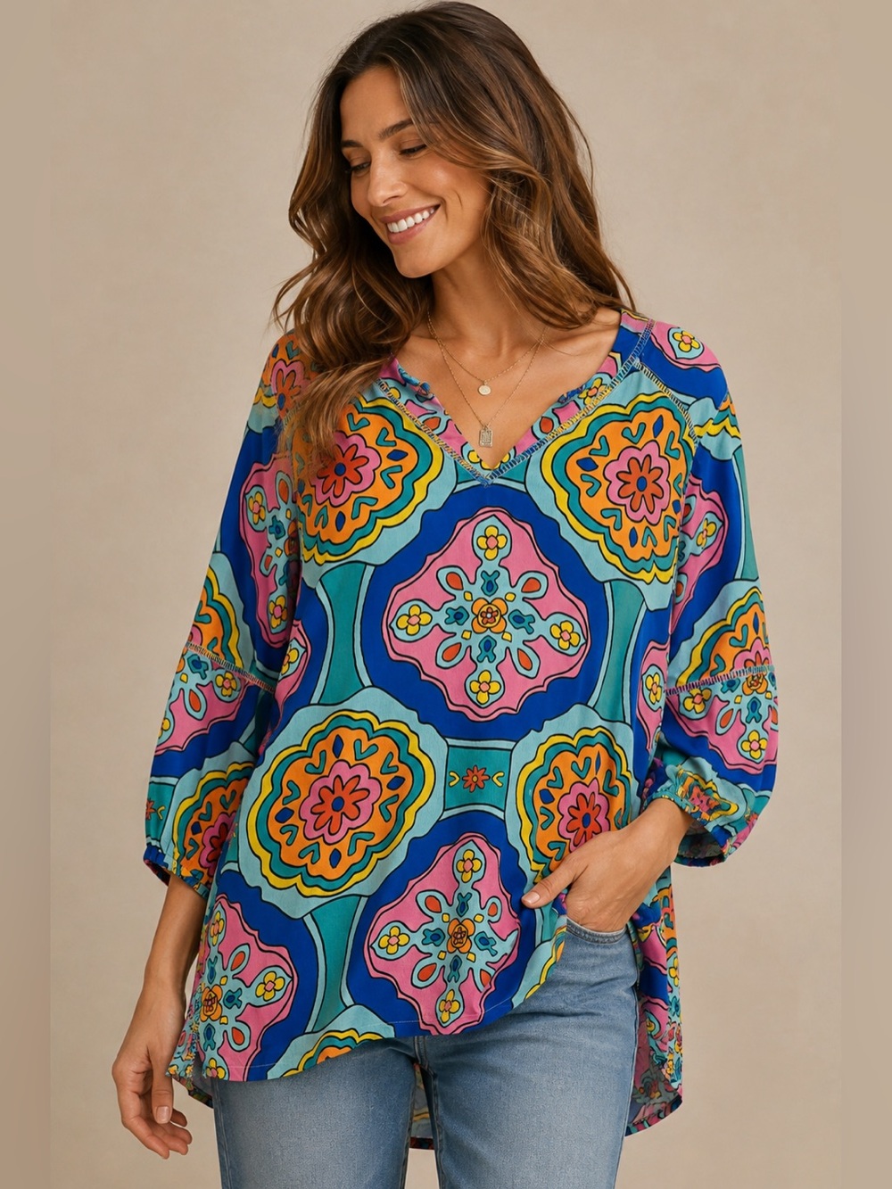 John Mark Geometric Floral Medallion Tunic Blouse Size Small EUC